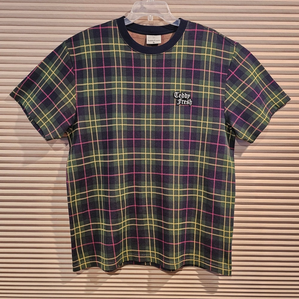 Teddy Fresh Plaid Knit T-Shirt Green Navy Pink Gothic Logo XL Crew Neck
